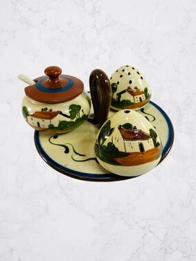 England Pottery Salt Pepper Sugar Cream English Devon Motto Ware Hand Painted